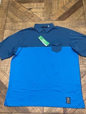 a two-tone blue 18 Greens golf polo shirt